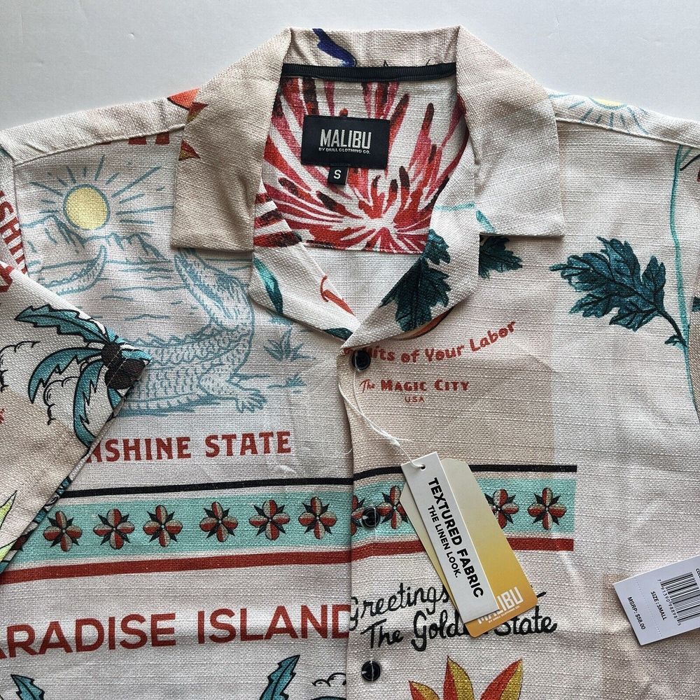 New Malibu by Drill USA States Tropical Button Up Polyester Shirt Mens S‎